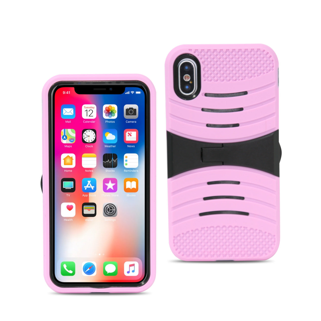 Case Protective Hybrid Dual Layer With Kick-Stand iPhone X Pink Color