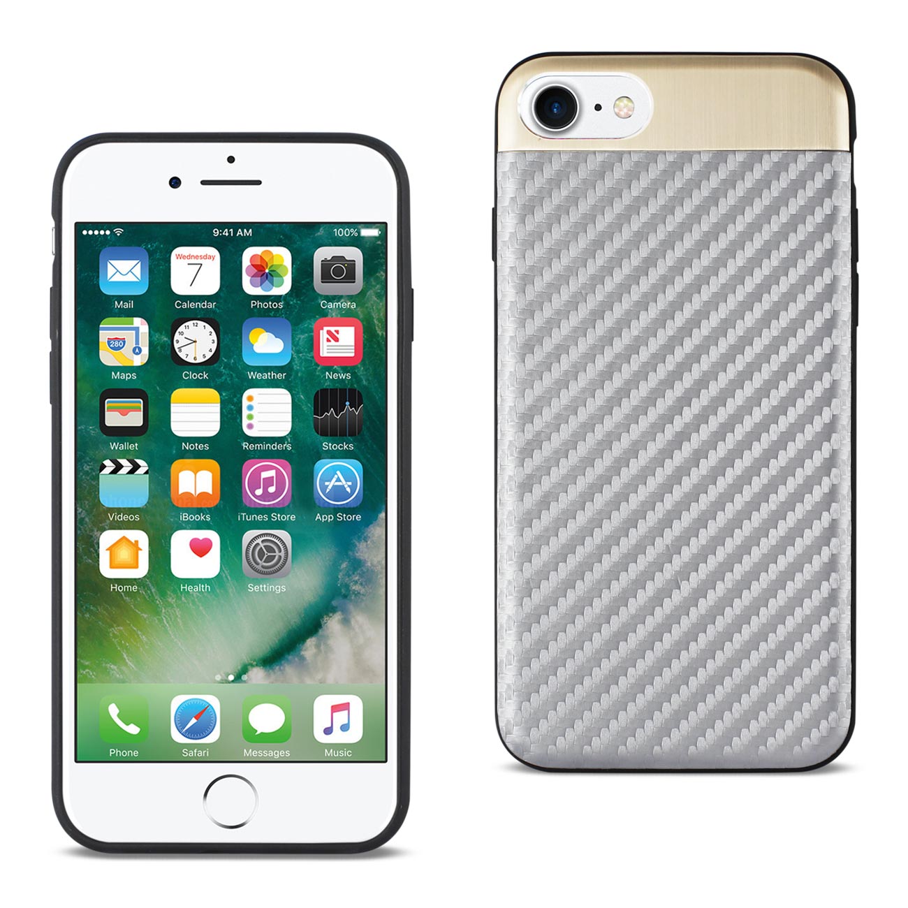 Cover Brushed Aluminum Metal Carbon Fiber Style iPhone 7/ 8/ SE2 Gold Color