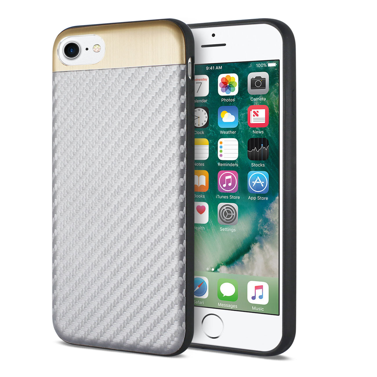 Cover Brushed Aluminum Metal Carbon Fiber Style iPhone 7/ 8/ SE2 Gold Color