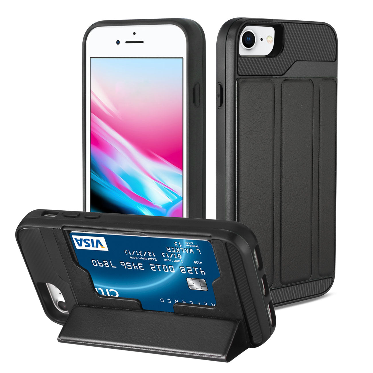 Wallet Case Leather Feel With Flip Cover Card Holder Kickstand iPhone 7/ 8/ SE2 /6/ 6S Black Color