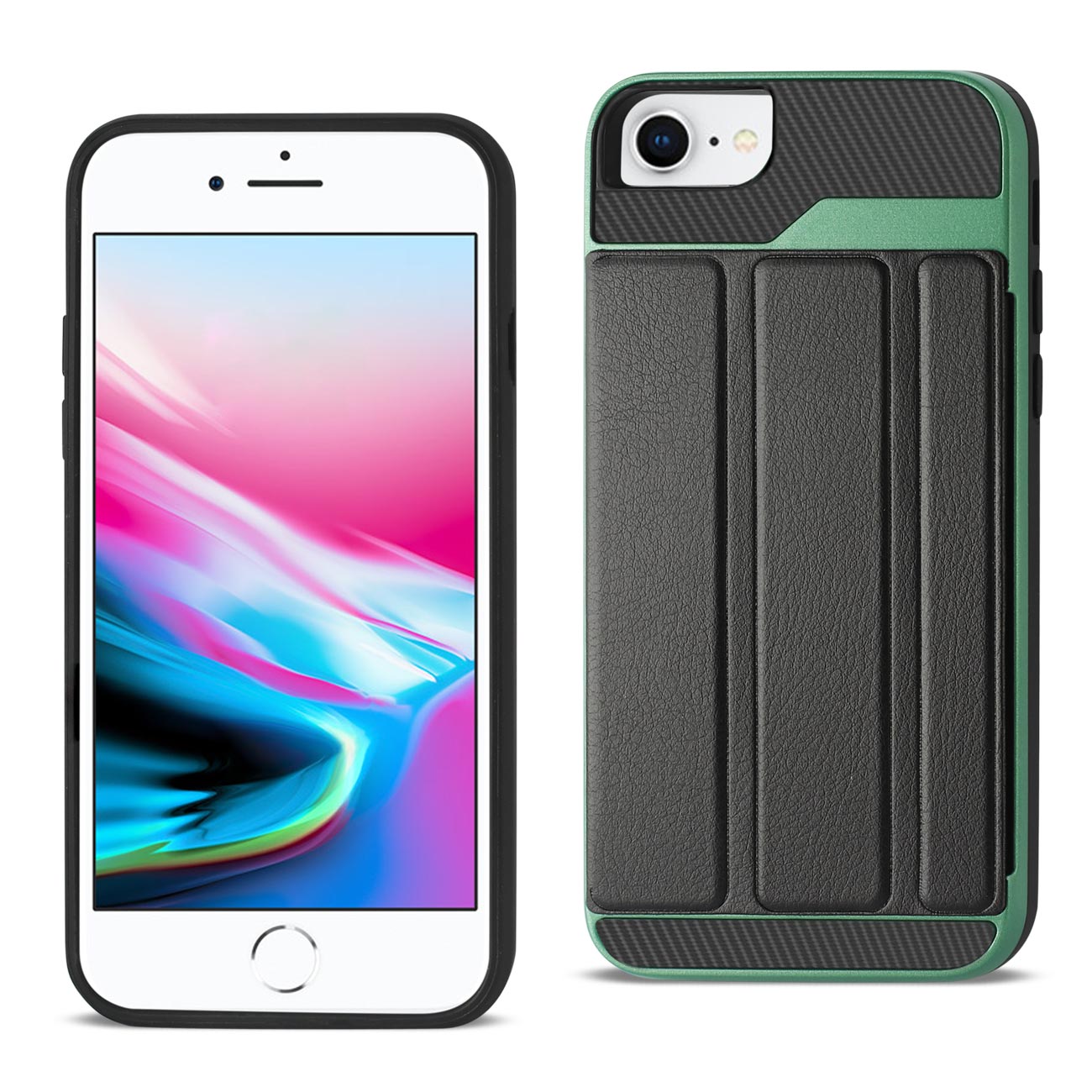 Wallet Case Leather Feel With Flip Cover Card Holder Kickstand iPhone 7/ 8/ SE2 /6/ 6S Black And Green Colors