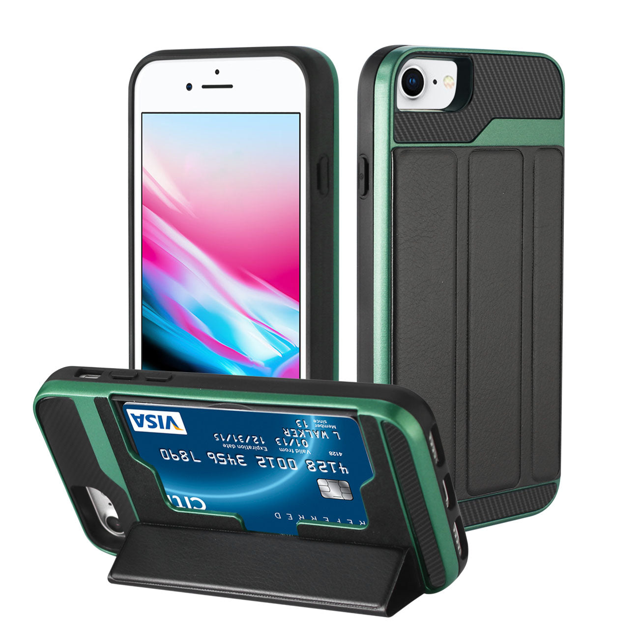 Wallet Case Leather Feel With Flip Cover Card Holder Kickstand iPhone 7/ 8/ SE2 /6/ 6S Black And Green Colors