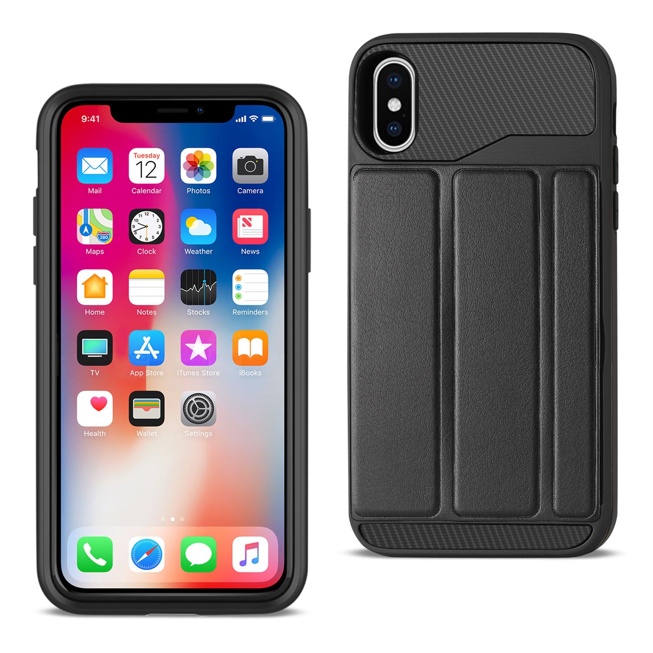 Wallet Case Flip Leather Feel With Cover Card Holder Kickstand iPhone X Black Color