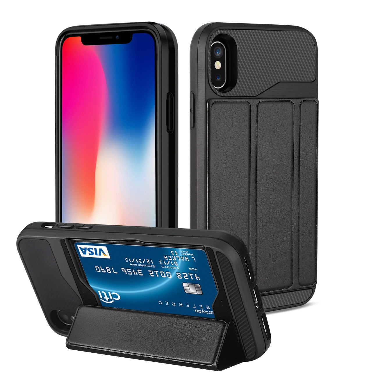 Wallet Case Flip Leather Feel With Cover Card Holder Kickstand iPhone X Black Color