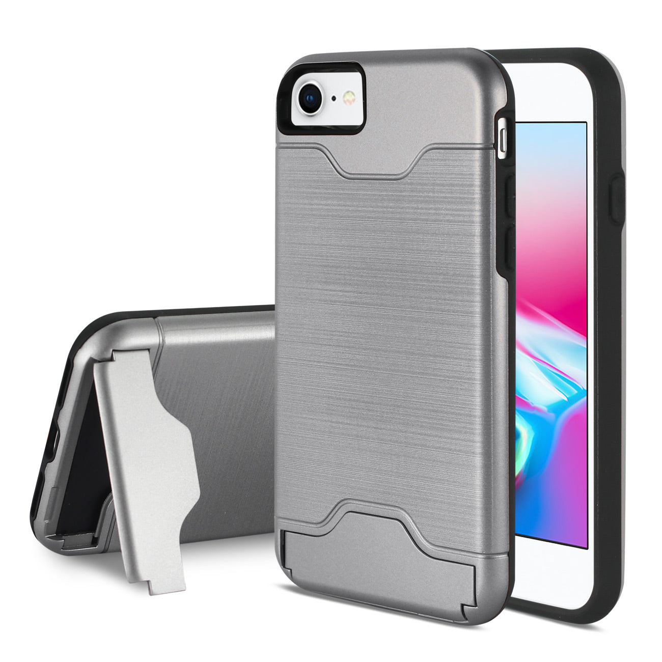 Case Hybrid Protective Kickstand Dual Layer Card Holder iPhone 7/ 8/ SE2 Silver Color