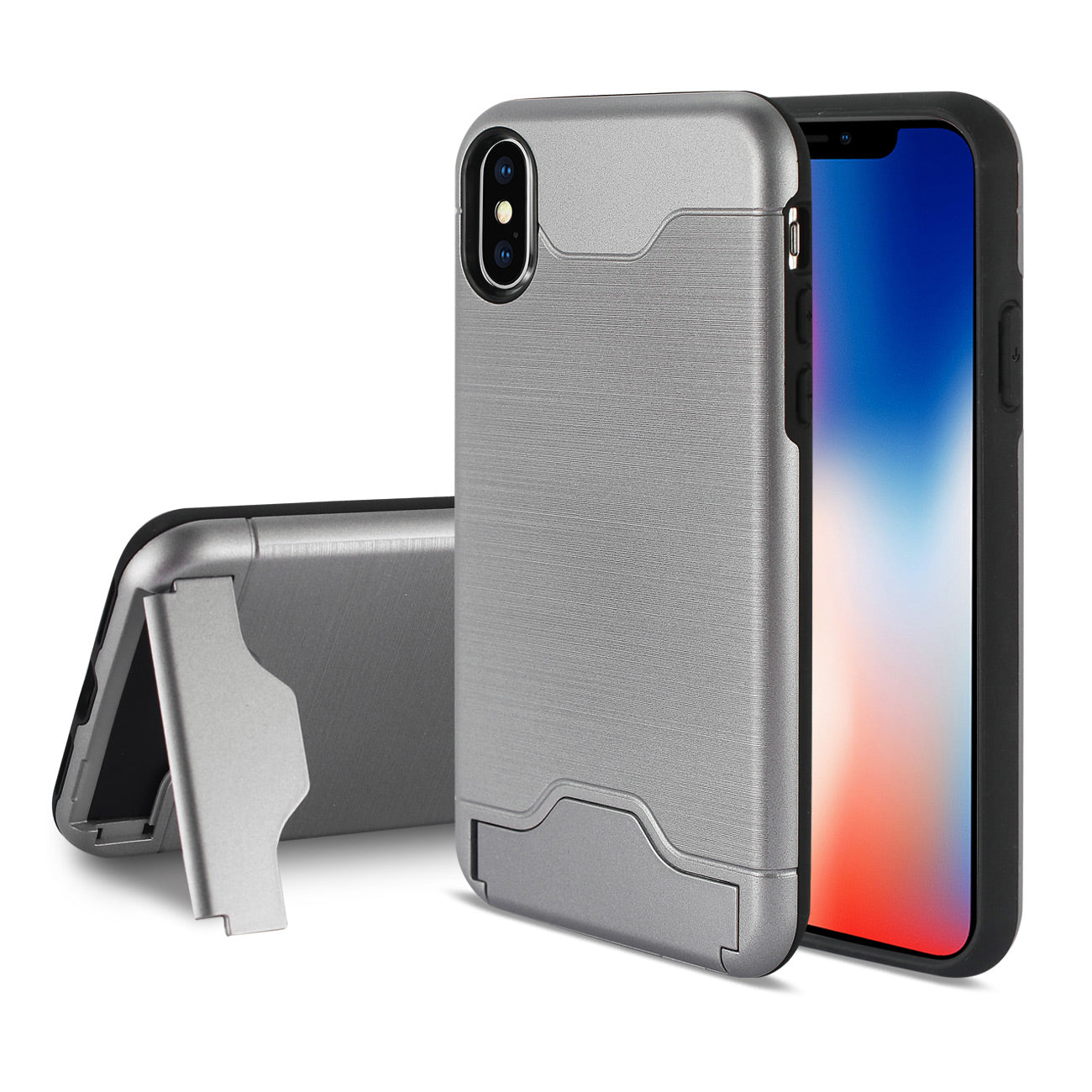 Case Hybrid Protective Kickstand Dual Layer Card Holder iPhone X Silver Color