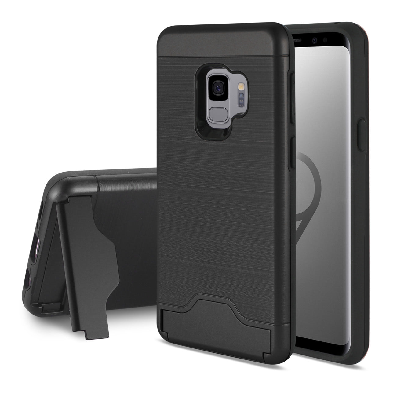 Case Hybrid Protective Kickstand Dual Layer Card Holder Samsung Galaxy S9 Black Color
