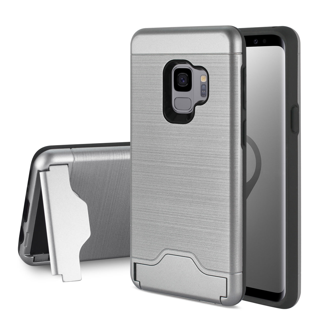 Case Hybrid Protective Kickstand Dual Layer Card Holder Samsung Galaxy S9 Silver Color