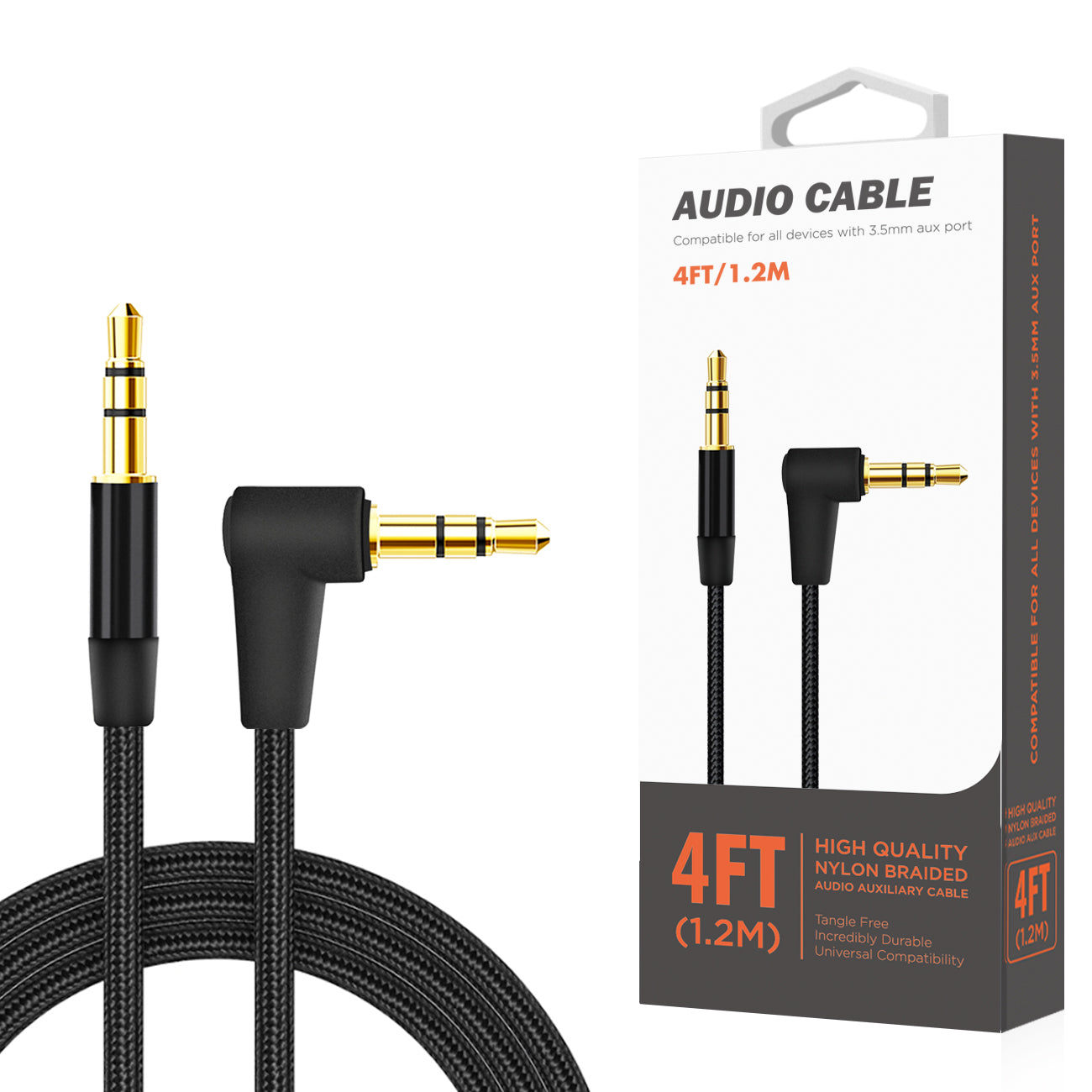 Cable Audio Aux Stereo 3.5MM Nylon Braided 4Ft Black Color