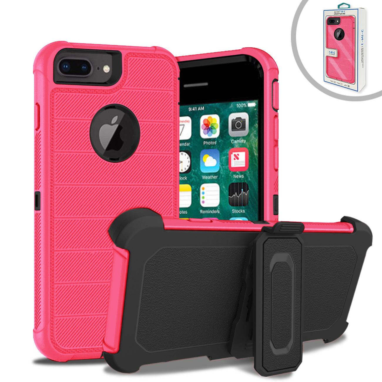 APPLE IPHONE 8 Plus MAX 3-In-1 Hybrid Heavy Duty Holster Combo Case In Hot Pink