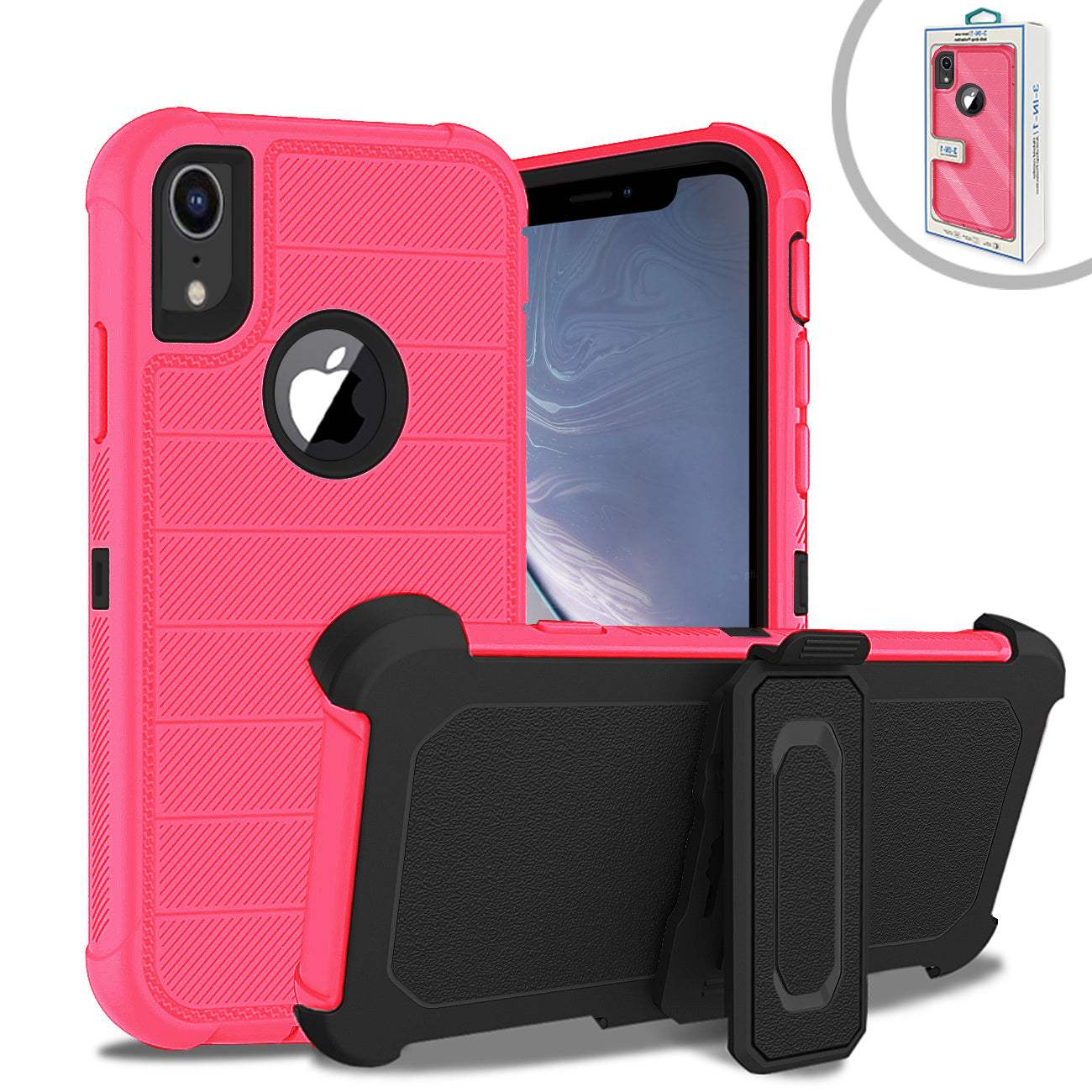 APPLE IPHONE XR 3-In-1 Hybrid Heavy Duty Holster Combo Case In Hot Pink