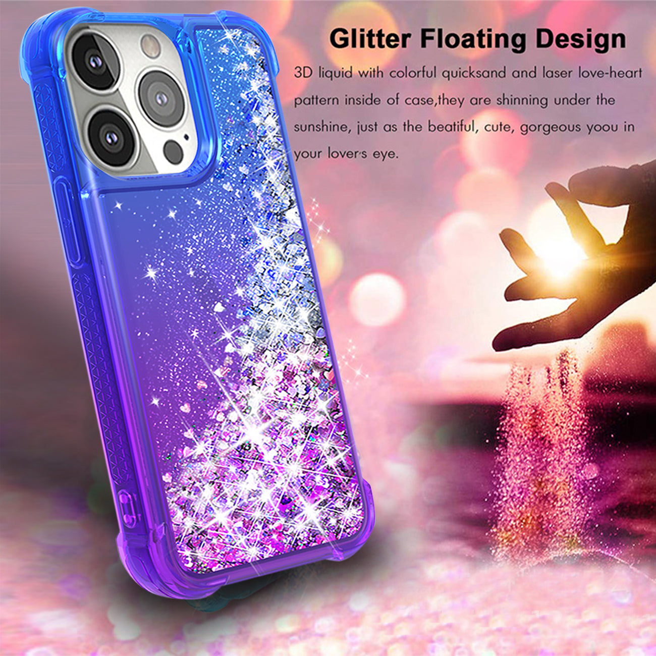 Shiny Flowing Glitter Liquid Bumper Case For APPLE IPHONE 13 PRO In Blue