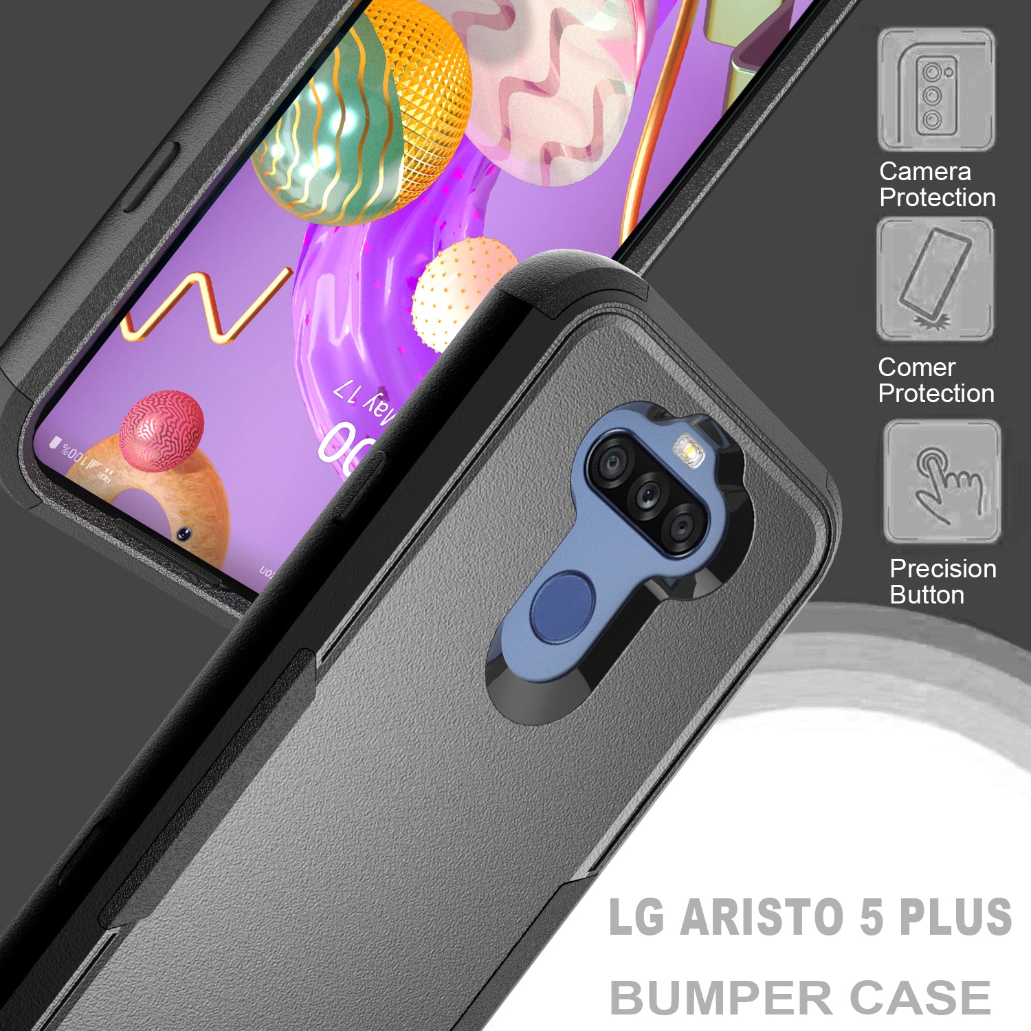 Case Hybrid 3 in 1 Protective Heavy Duty Defender Rugged Armor Military Grade LG ARISTO 5 Black Color