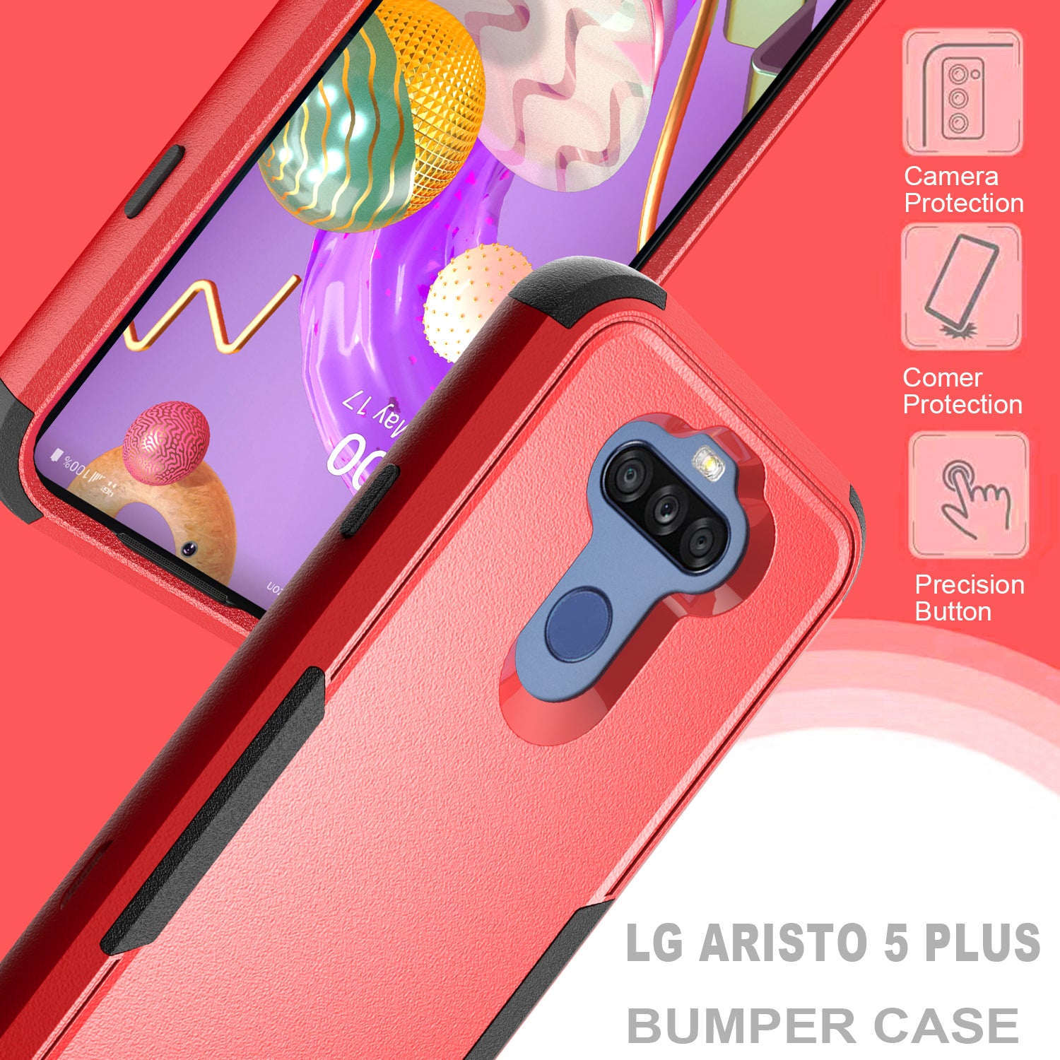 Case Hybrid Protective Heavy Duty Defender Rugged Armor Military Grade 3 in 1 LG Stylo 5 Red Color