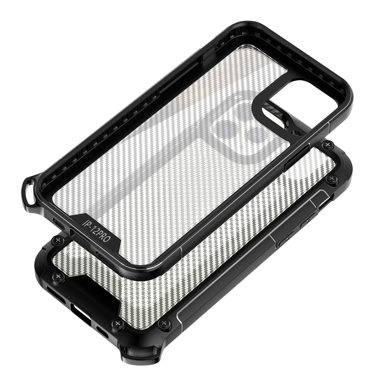 Shockproof PC Bumper Case With Carbon Fiber Pattern In Black For iPhone 12 / 12 Pro