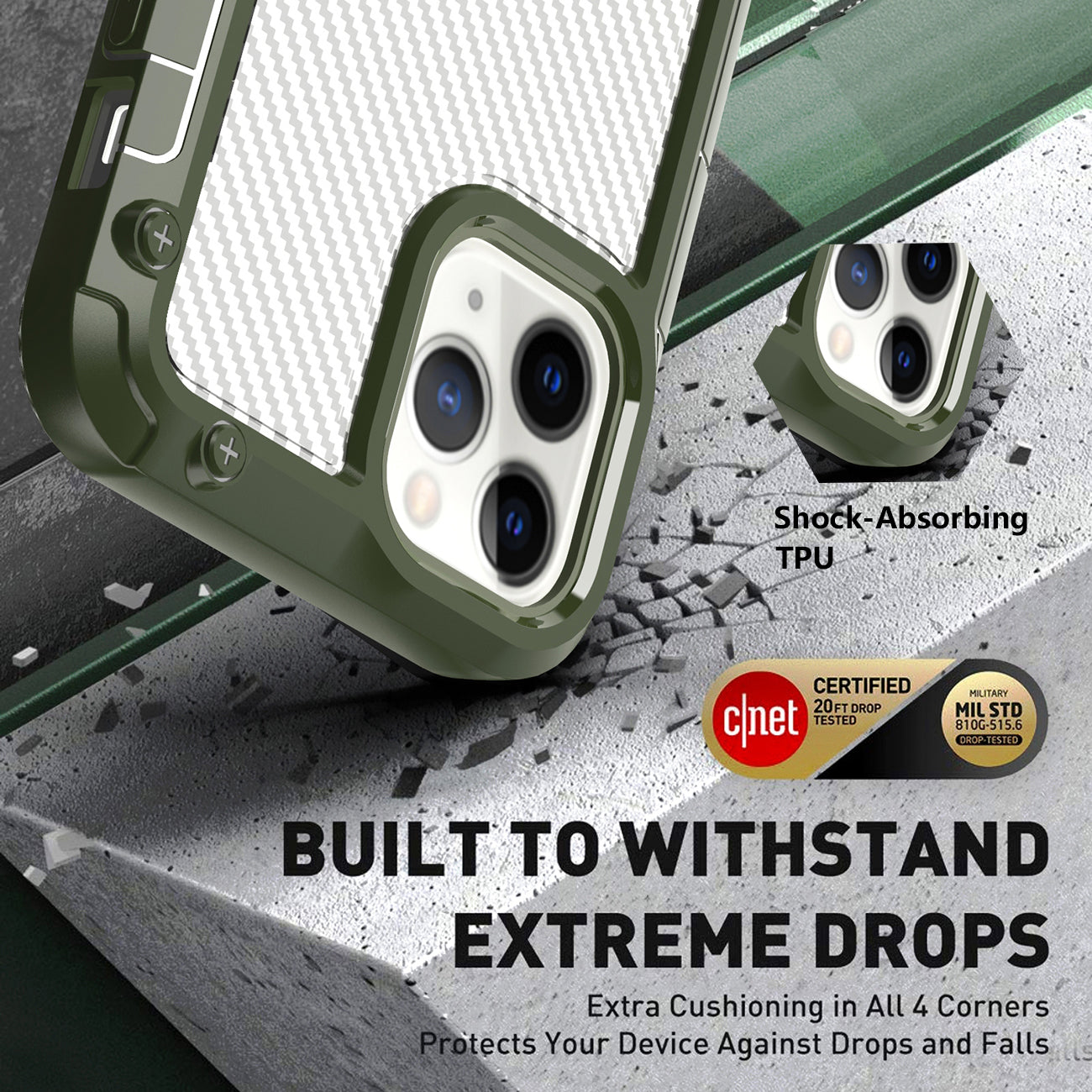 Reiko Shockproof PC Bumper Case With Carbon Fiber Pattern In Green For iPhone 12 / 12 Pro