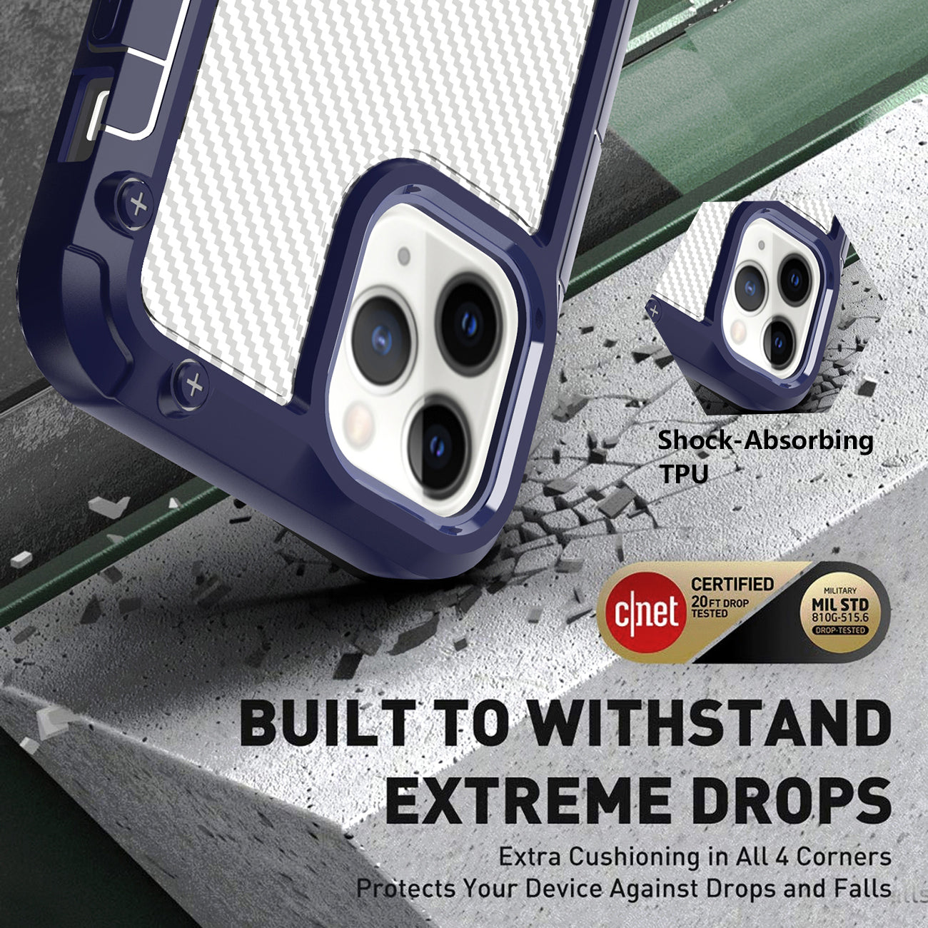 Reiko Shockproof PC Bumper Case With Carbon Fiber Pattern In Navy For iPhone 12 / 12 Pro