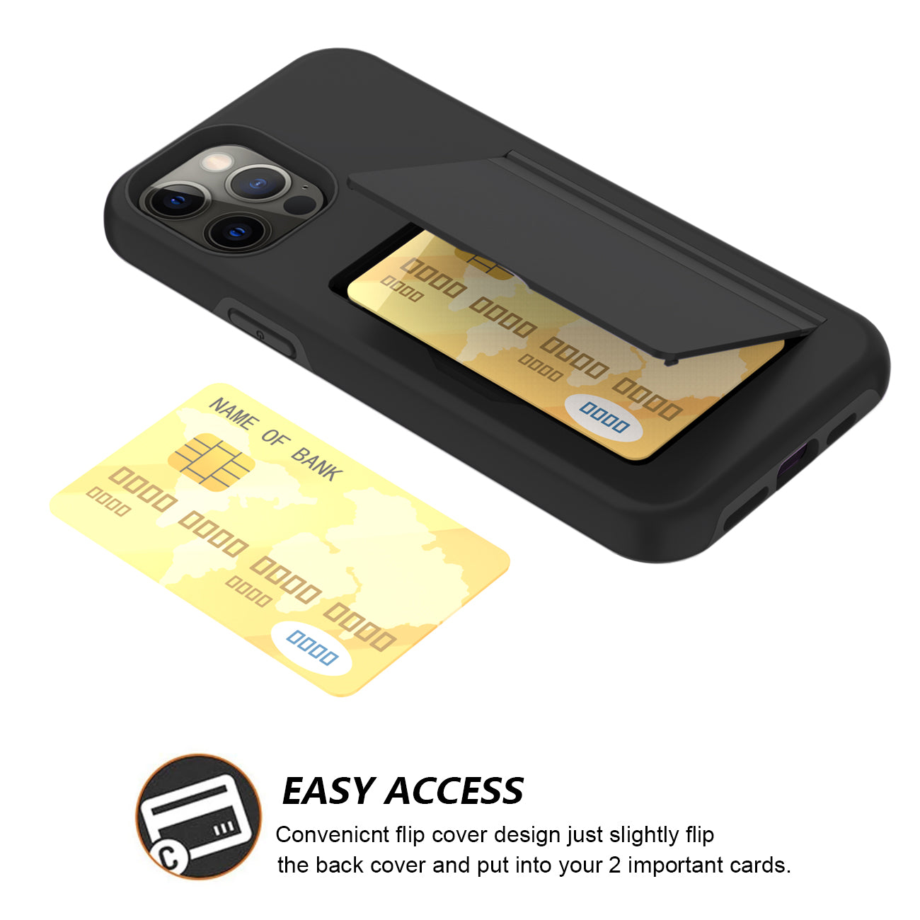 Phone Case Hybrid TPU PC 2-in-1 Flip Card Holder Apple iPhone 12/ 12 Pro Black Color