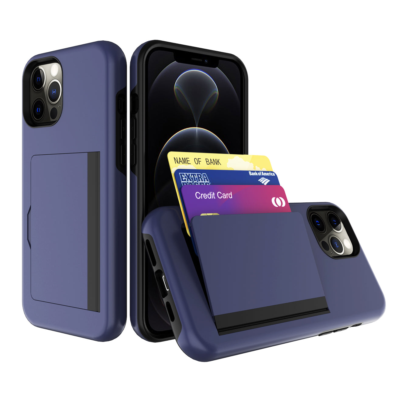 Phone Case Hybrid TPU PC 2-in-1 Flip Card Holder Apple iPhone 12/ 12 Pro Navy Color