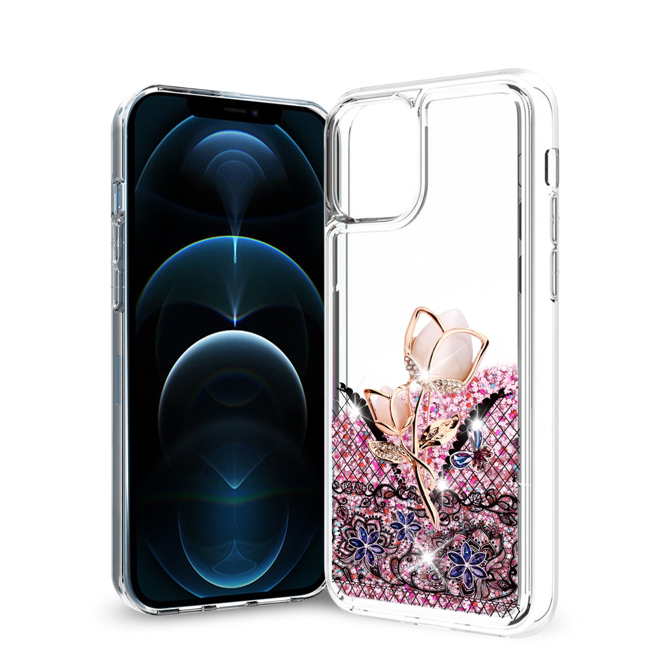 Case Moving Quicksand Floral Reiko iPhone 12 Pro Max Glitter Rainbow Colors