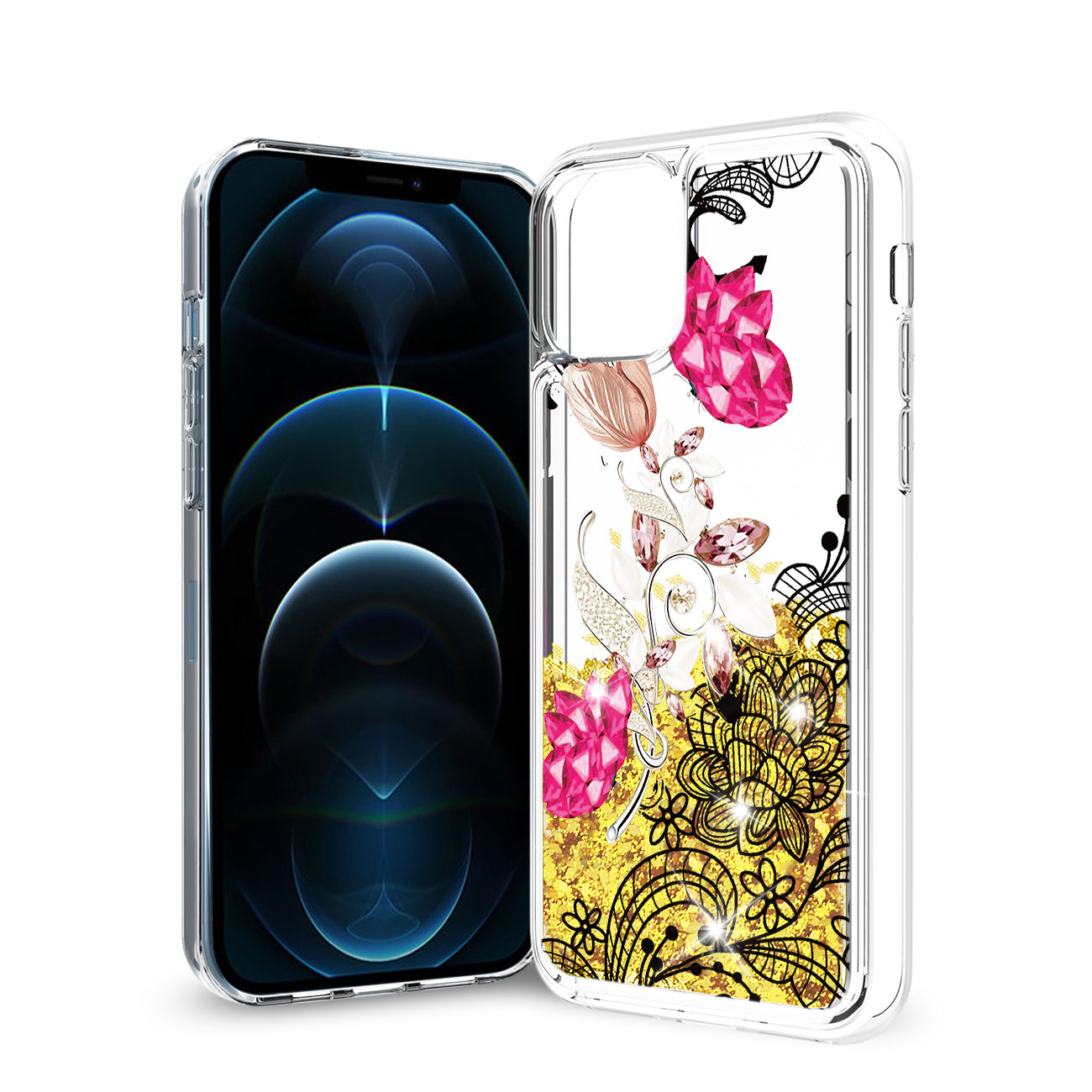 Case Moving Quicksand Floral iPhone 12 Pro Max Glitter Yellow Color