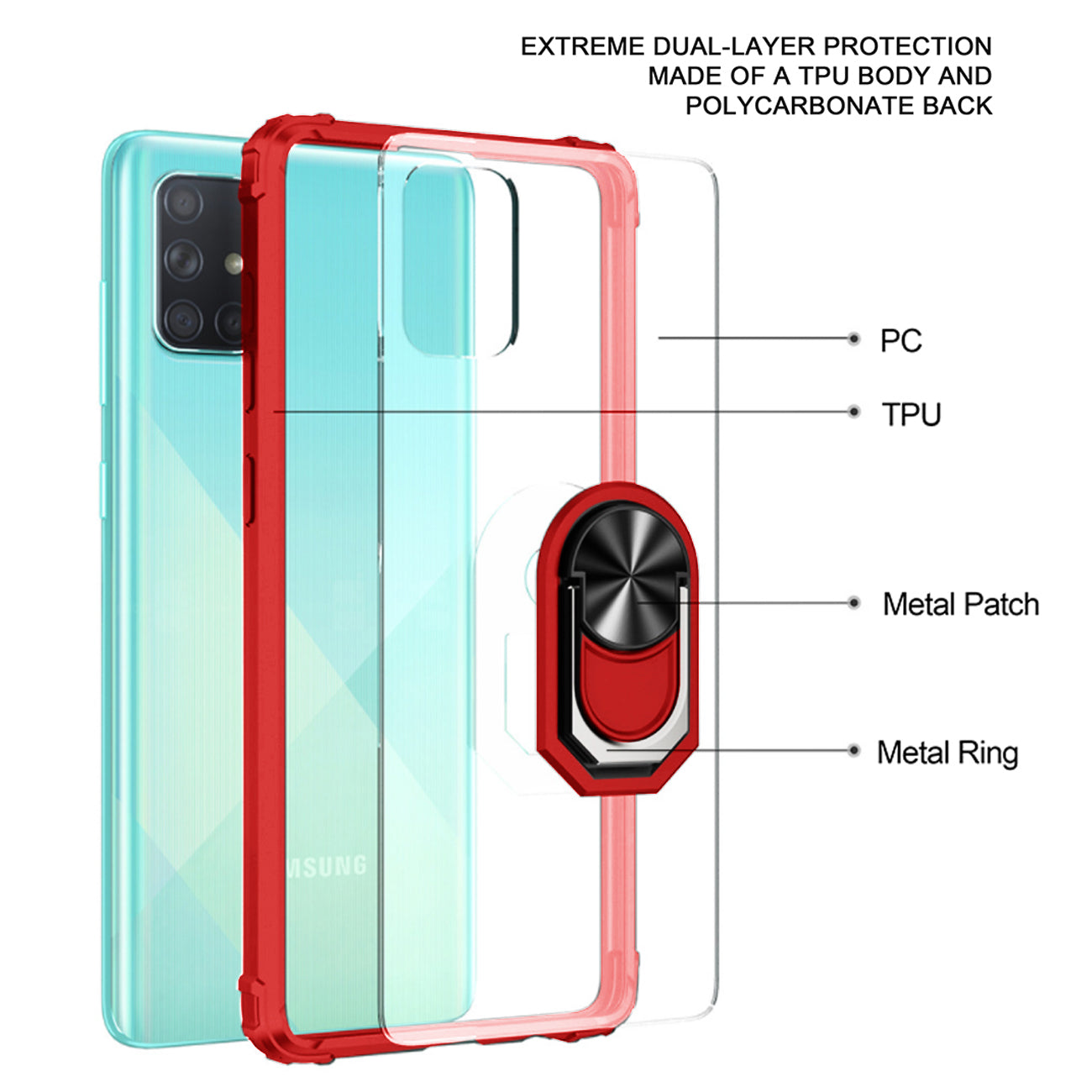 Kickstand Ring Holder TPU Shockproof Case With Magnetic Car MountSAMSUNG GALAXY A51 5G In Red