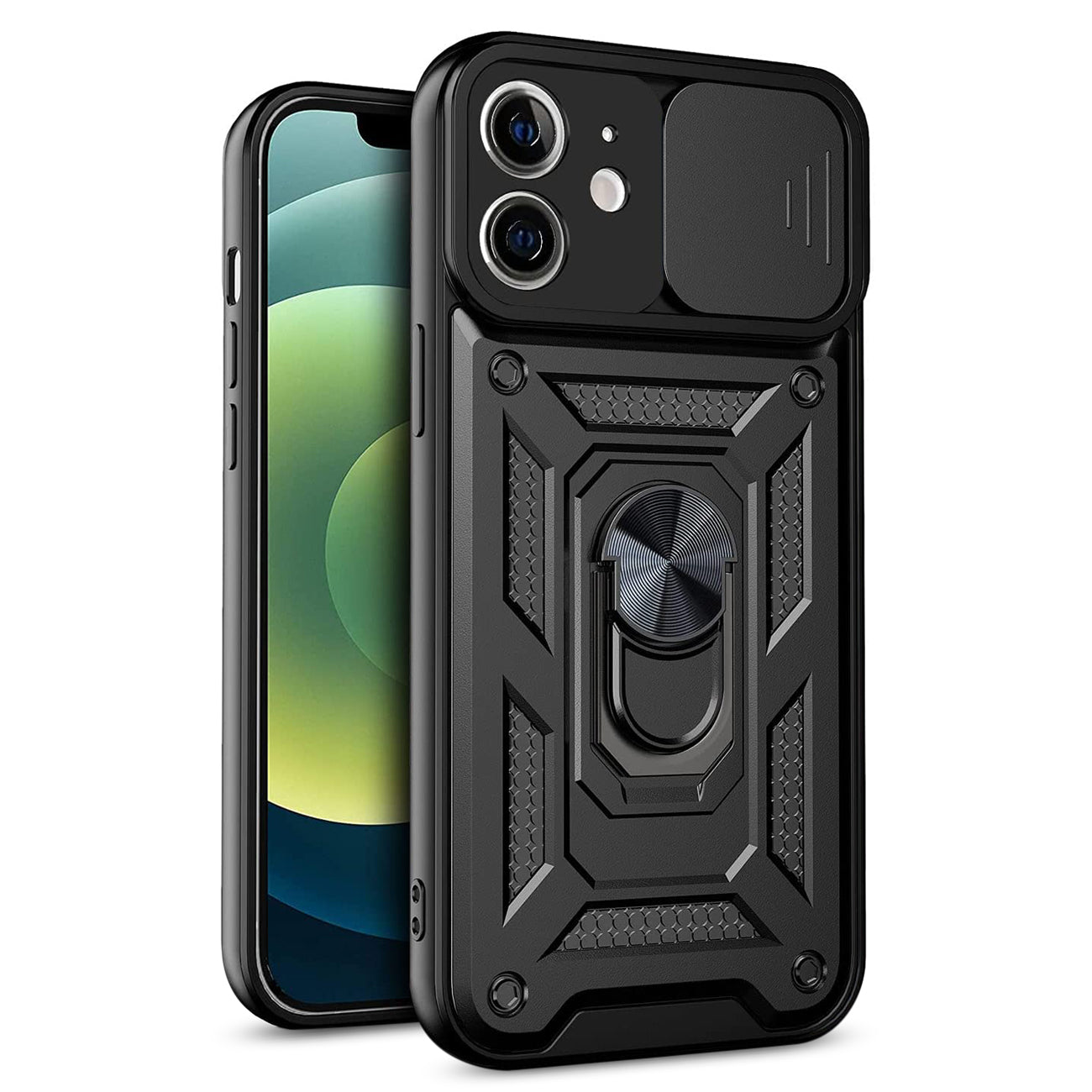 Kickstand Ring Holder with Slide Camera Cover TPU Shockproof Case and Magnetic Car Mount for APPLE IPHONE 12/IPHONE 12 PRO In Black