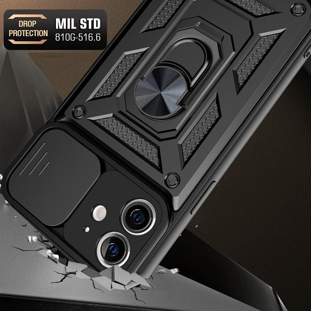 Kickstand Ring Holder with Slide Camera Cover TPU Shockproof Case and Magnetic Car Mount for APPLE IPHONE 12/IPHONE 12 PRO In Black