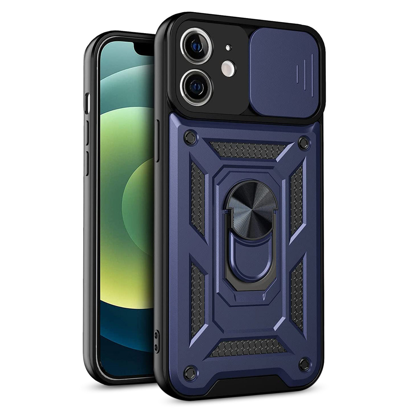 Kickstand Ring Holder with Slide Camera Cover TPU Shockproof Case and Magnetic Car Mount for APPLE IPHONE 12/IPHONE 12 PRO In Blue