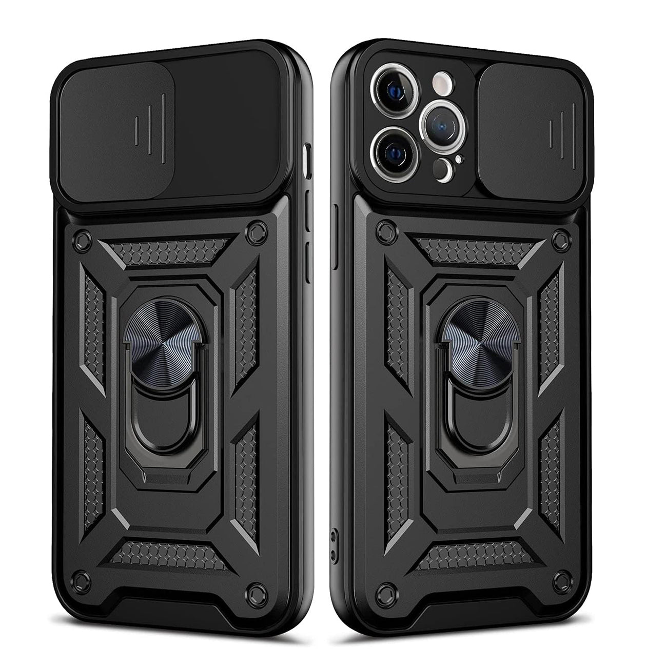 Kickstand Ring Holder with Slide Camera Cover TPU Shockproof Case and Magnetic Car Mount for APPLE IPHONE 12/IPHONE 12 PRO In Black