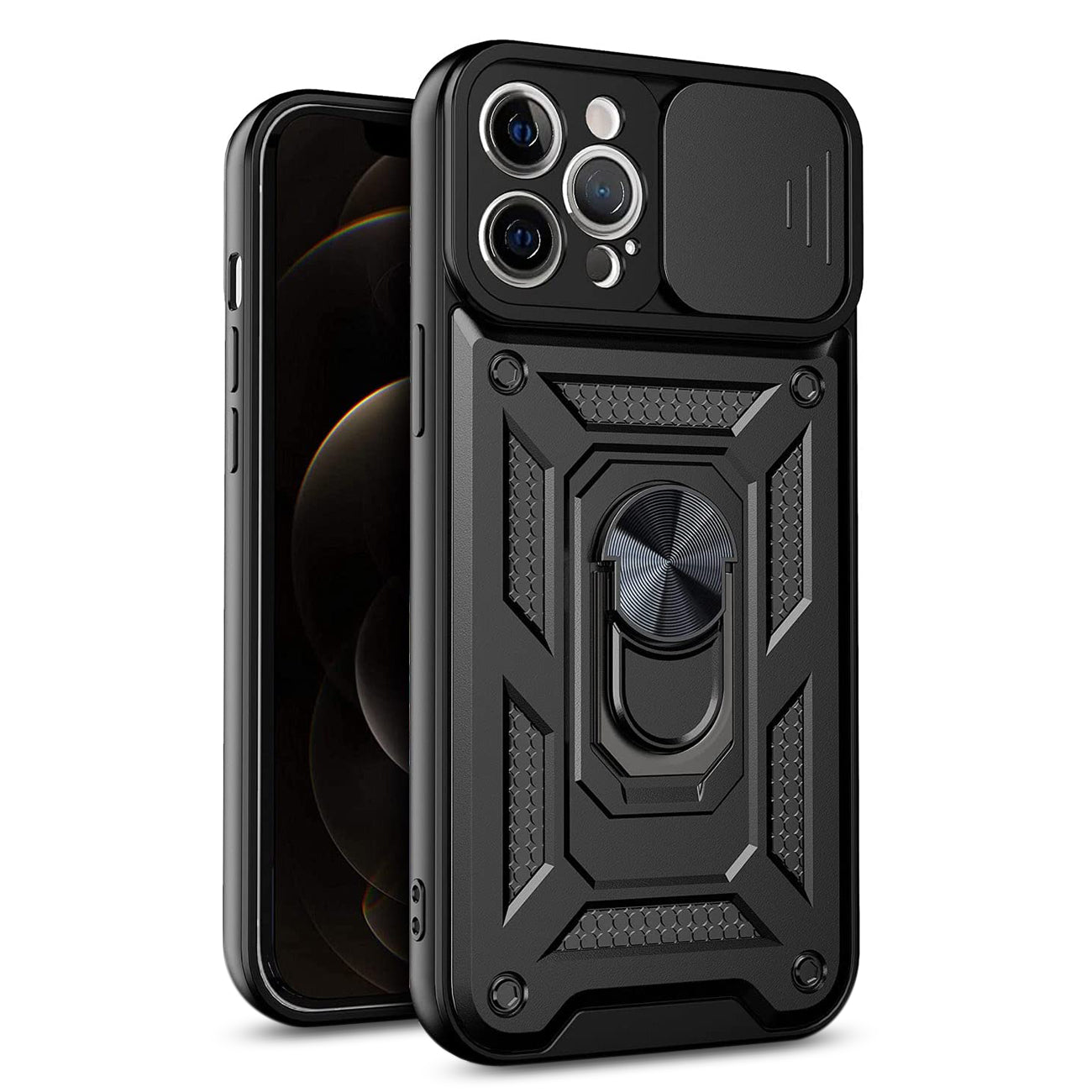 Kickstand Ring Holder with Slide Camera Cover TPU Shockproof Case and Magnetic Car Mount for APPLE IPHONE 12/IPHONE 12 PRO In Black