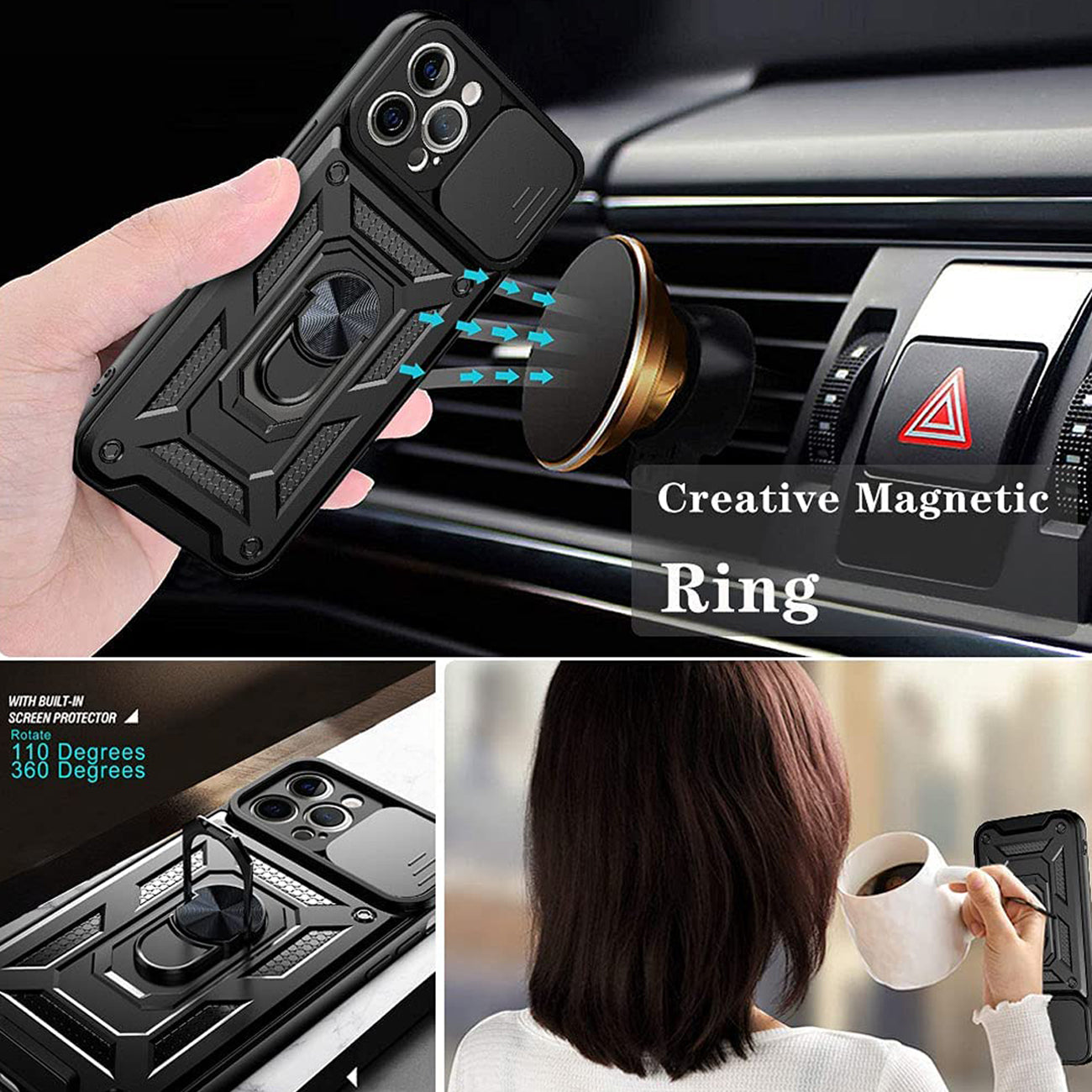 Kickstand Ring Holder with Slide Camera Cover TPU Shockproof Case and Magnetic Car Mount for APPLE IPHONE 12/IPHONE 12 PRO In Black