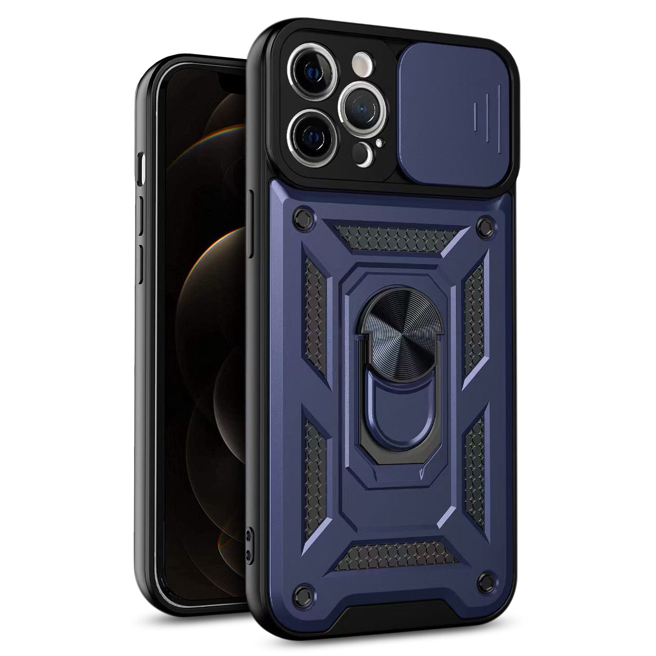 Kickstand Ring Holder with Slide Camera Cover TPU Shockproof Case and Magnetic Car Mount for APPLE IPHONE 12/IPHONE 12 PRO In Blue
