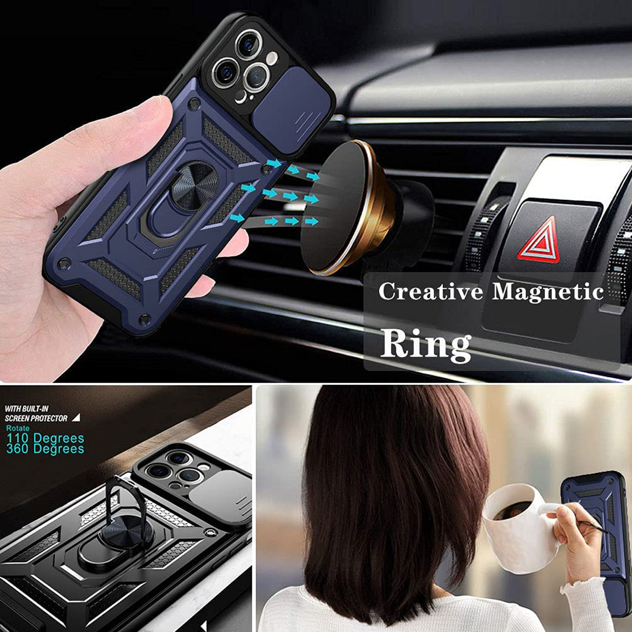 Kickstand Ring Holder with Slide Camera Cover TPU Shockproof Case and Magnetic Car Mount for APPLE IPHONE 12/IPHONE 12 PRO In Blue