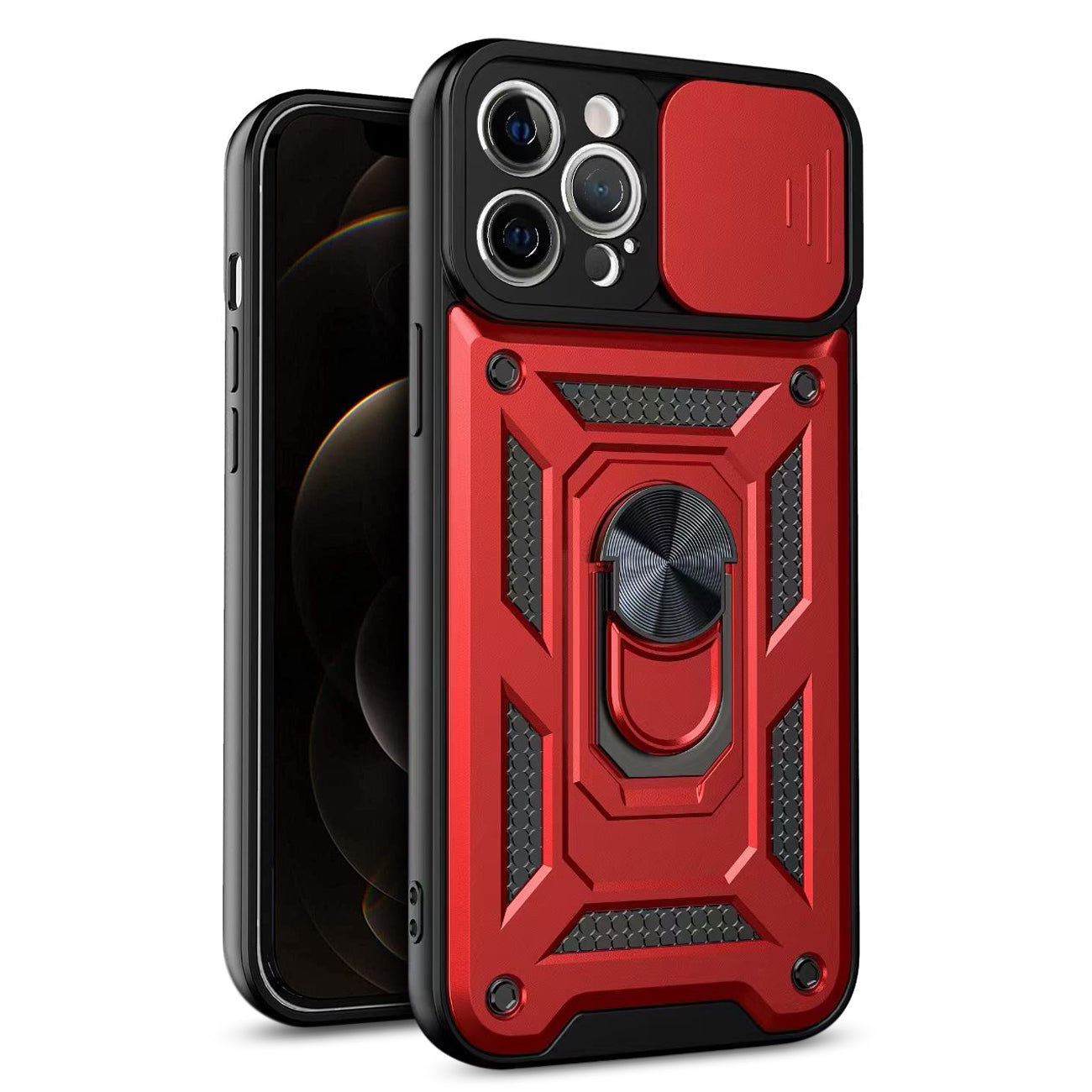 Kickstand Ring Holder with Slide Camera Cover TPU Shockproof Case and Magnetic Car Mount for APPLE IPHONE 12/IPHONE 12 PRO In Red
