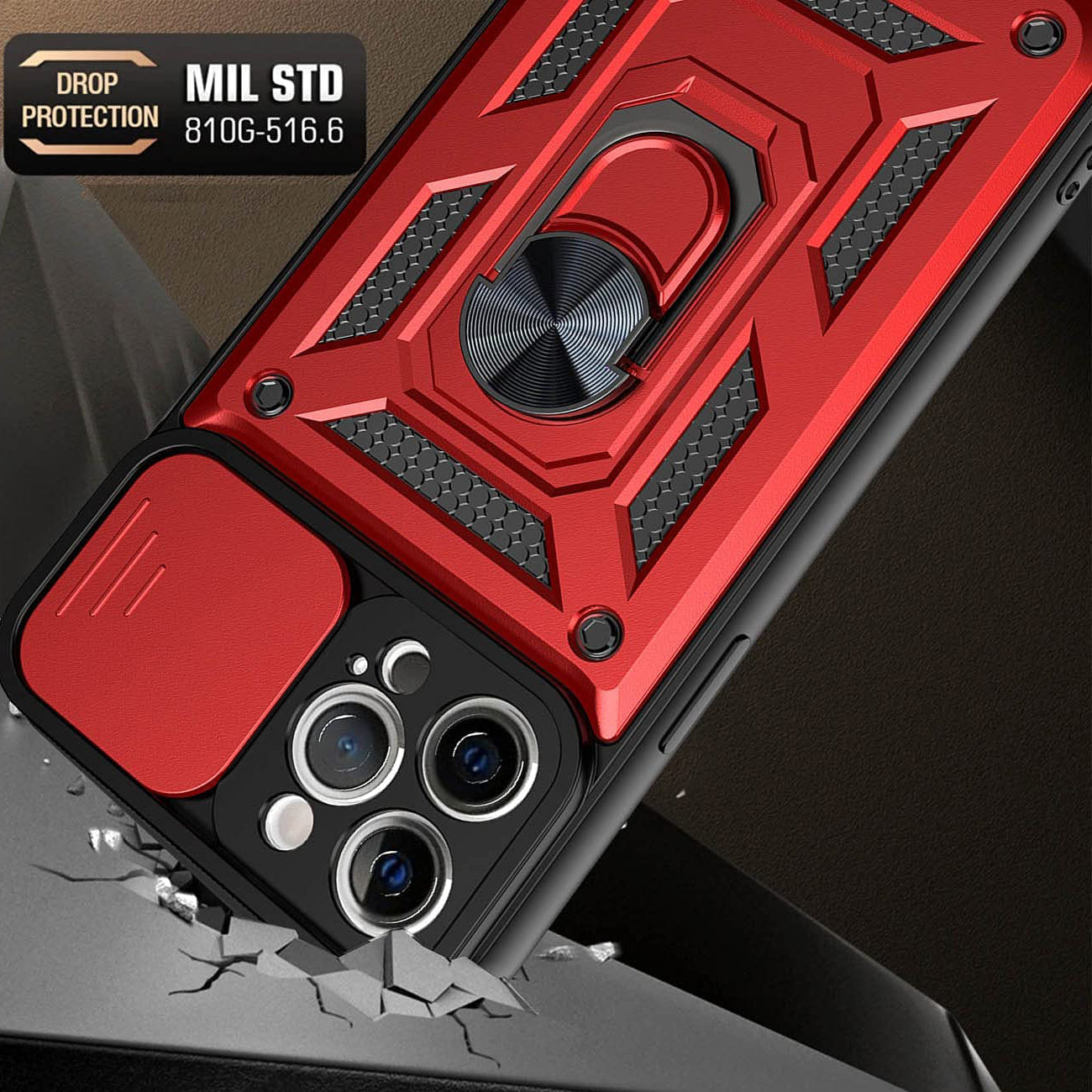 Kickstand Ring Holder with Slide Camera Cover TPU Shockproof Case and Magnetic Car Mount for APPLE IPHONE 12/IPHONE 12 PRO In Red
