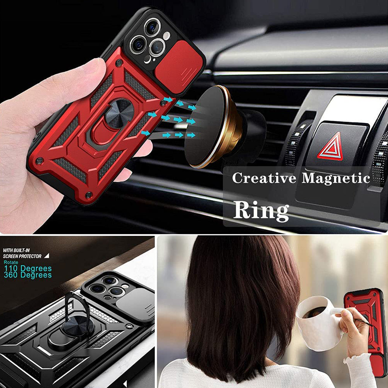 Kickstand Ring Holder with Slide Camera Cover TPU Shockproof Case and Magnetic Car Mount for APPLE IPHONE 12/IPHONE 12 PRO In Red