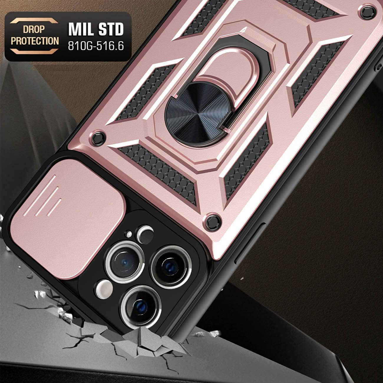 Kickstand Ring Holder with Slide Camera Cover TPU Shockproof Case and Magnetic Car Mount for APPLE IPHONE 12/IPHONE 12 PRO In Rose Gold