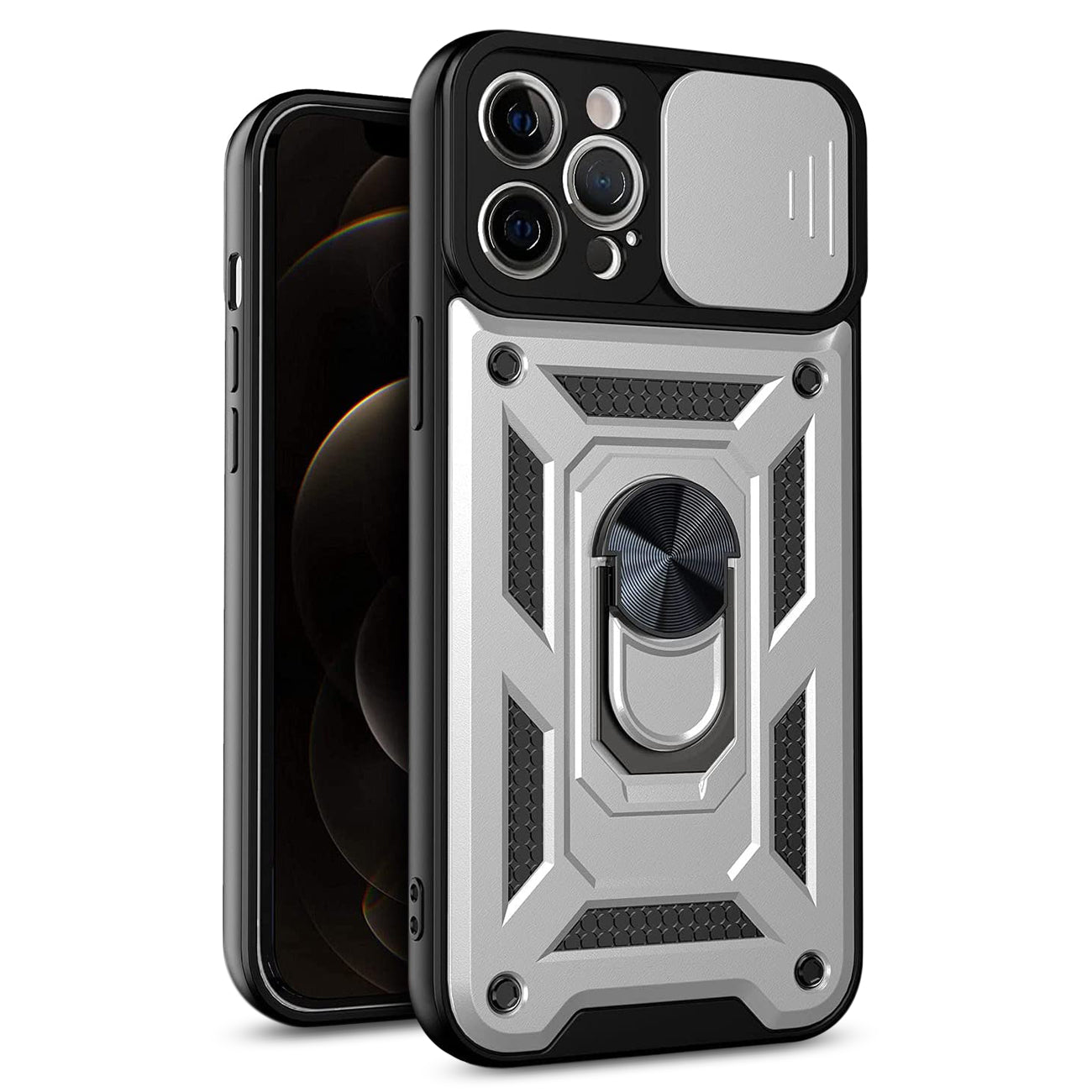 Kickstand Ring Holder with Slide Camera Cover TPU Shockproof Case and Magnetic Car Mount for APPLE IPHONE 12/IPHONE 12 PRO In Silver