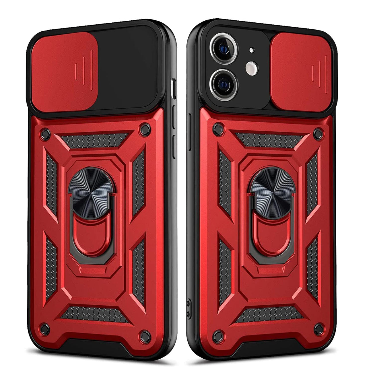 Kickstand Ring Holder with Slide Camera Cover TPU Shockproof Case and Magnetic Car Mount for APPLE IPHONE 12/IPHONE 12 PRO In Red