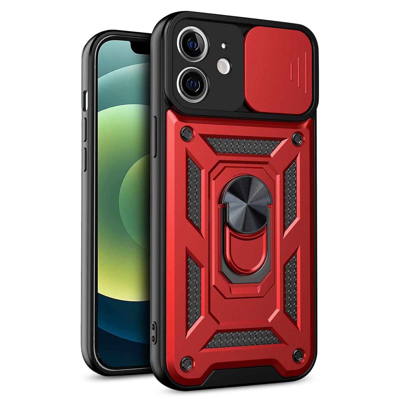Kickstand Ring Holder with Slide Camera Cover TPU Shockproof Case and Magnetic Car Mount for APPLE IPHONE 12/IPHONE 12 PRO In Red