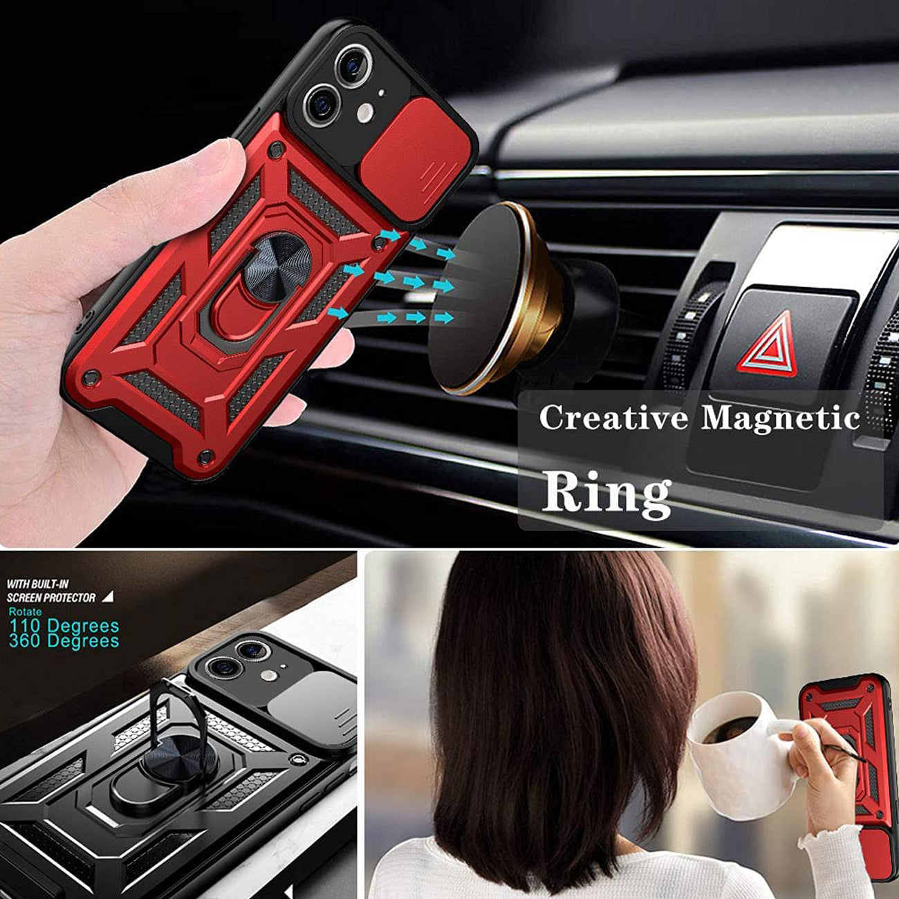 Kickstand Ring Holder with Slide Camera Cover TPU Shockproof Case and Magnetic Car Mount for APPLE IPHONE 12/IPHONE 12 PRO In Red
