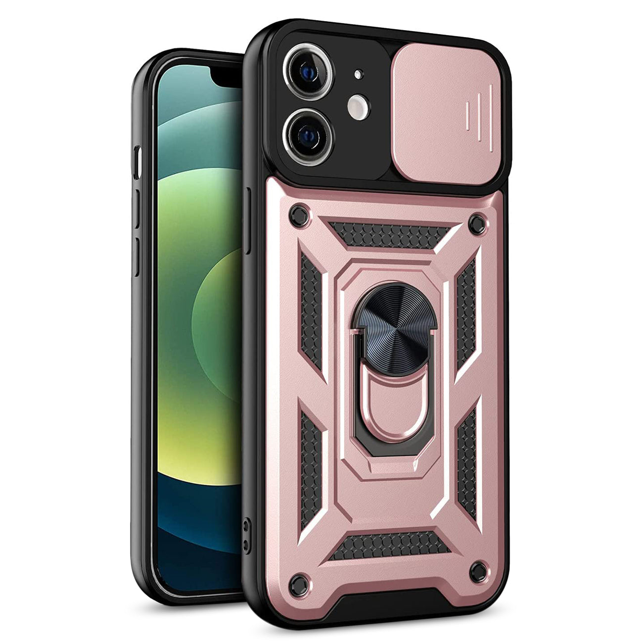 Kickstand Ring Holder with Slide Camera Cover TPU Shockproof Case and Magnetic Car Mount for APPLE IPHONE 12/IPHONE 12 PRO In Rose Gold