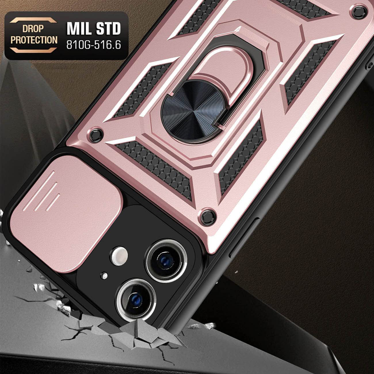 Kickstand Ring Holder with Slide Camera Cover TPU Shockproof Case and Magnetic Car Mount for APPLE IPHONE 12/IPHONE 12 PRO In Rose Gold