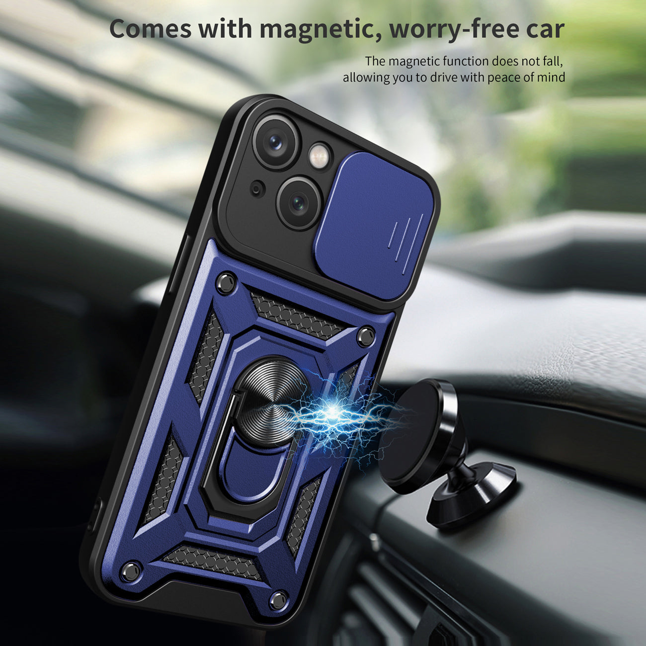 Kickstand Ring Holder with Slide Camera Cover TPU Magnetic Car Mount for APPLE IPHONE 14 MAX In Blue