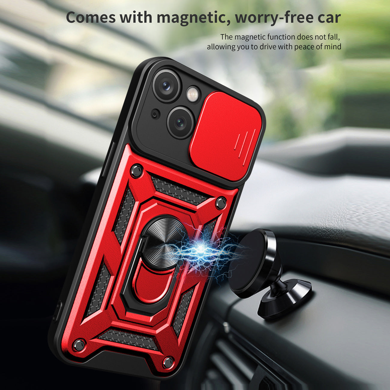 Kickstand Ring Holder with Slide Camera Cover TPU Magnetic Car Mount for APPLE IPHONE 14 MAX In Red