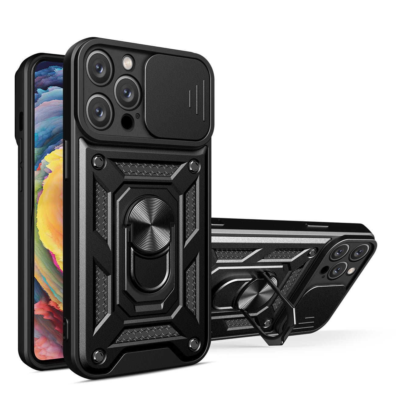 Kickstand Ring Holder with Slide Camera Cover TPU Magnetic Car Mount for APPLE IPHONE 14 PRO MAX In Black