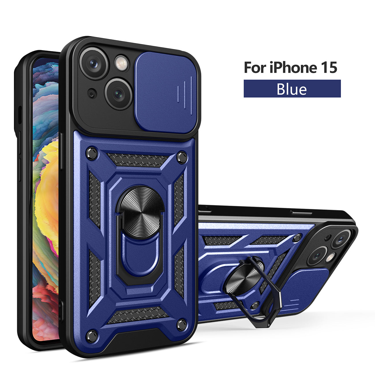 Kickstand Ring Holder with Slide Camera Cover TPU Magnetic Car Mount for APPLE IPHONE 15 In Blue