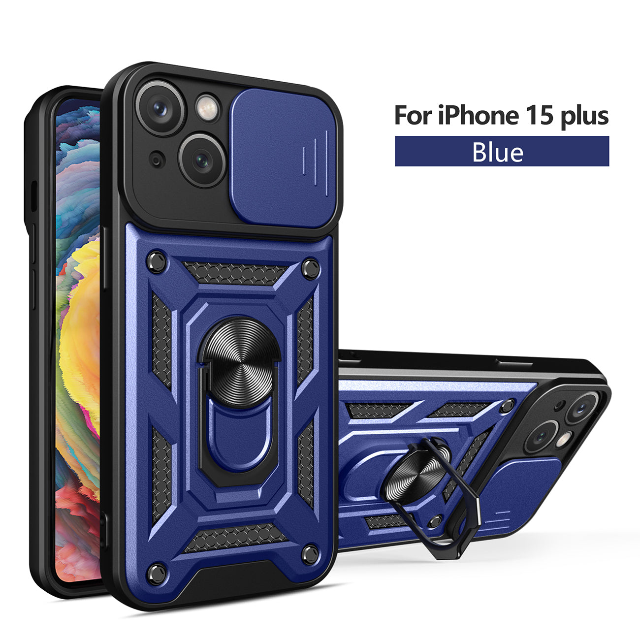 Kickstand Ring Holder with Camera Cover TPU Magnetic Car Mount for IPHONE 15 PLUS In Blue