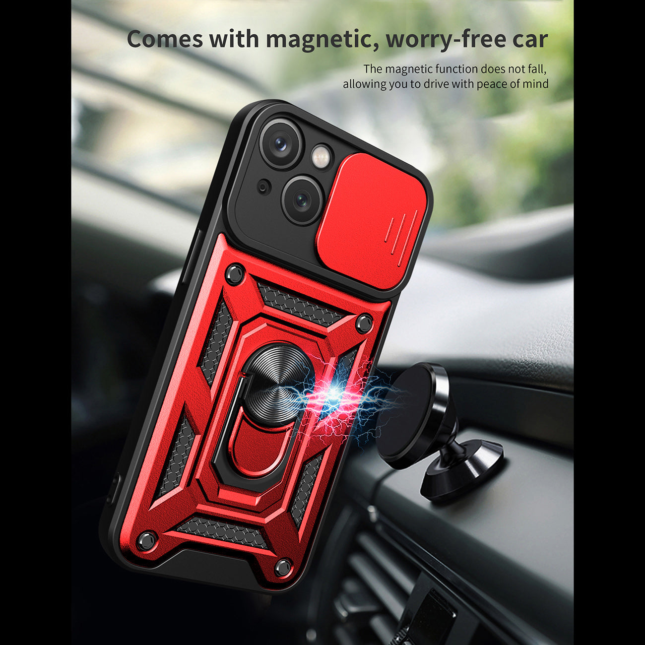 Kickstand Ring Holder with Slide Camera Cover TPU Magnetic Car Mount for APPLE IPHONE 15 PLUS In Red